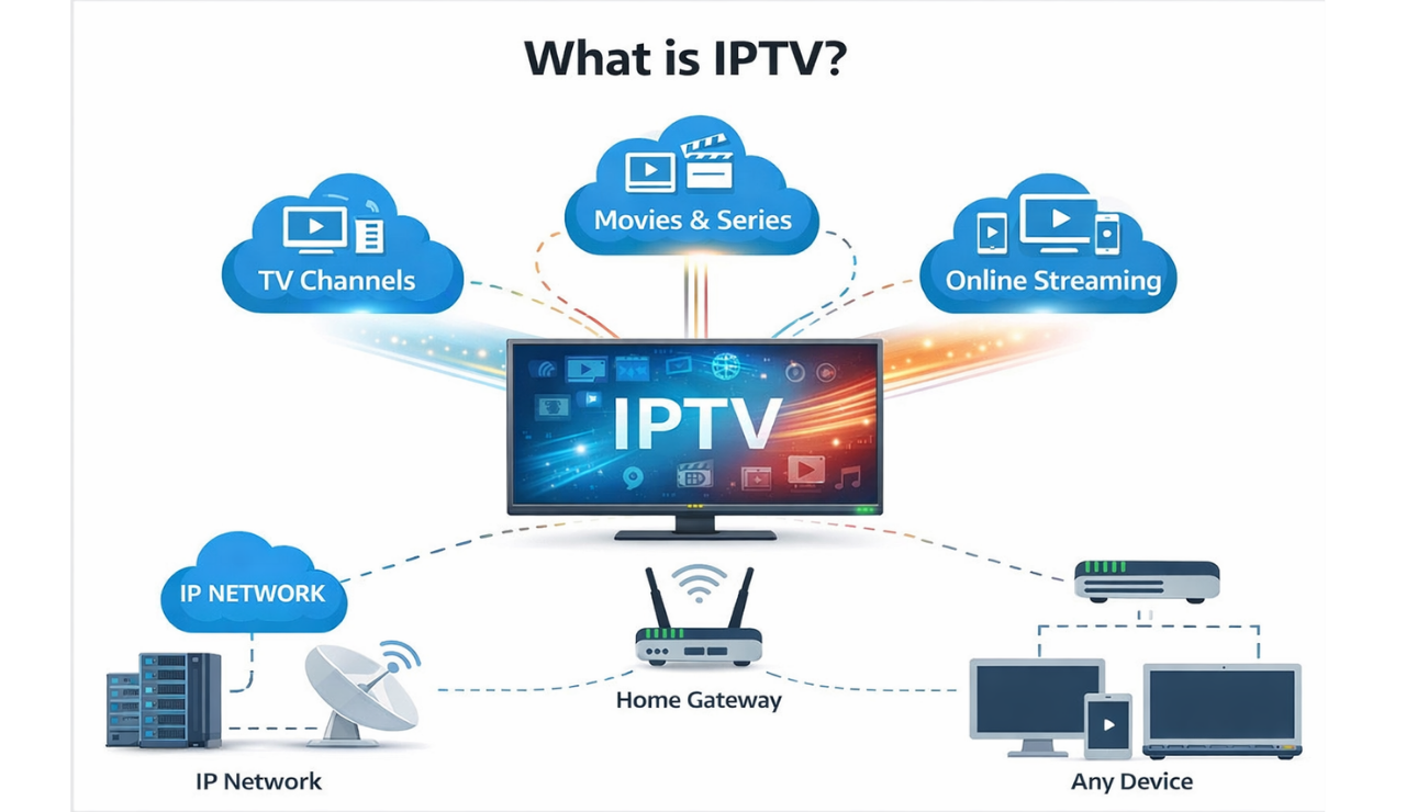 What is IPTV - diagram showing how IPTV works through IP networks to any device